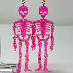 Hot Pink Glitter Skeleton Halloween Dangle Earrings 18k Plated